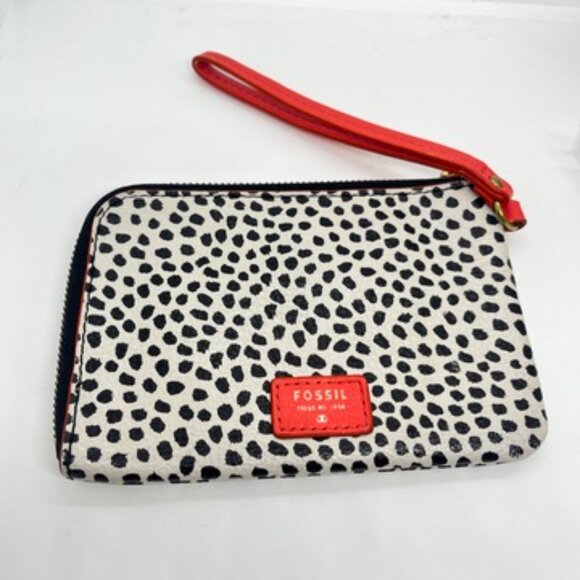 3/$30 FOSSIL DOT PRINT PATTERN WRISTLET WALLET CREAM BLACK HOT PINK PLEATHER - Picture 3 of 16